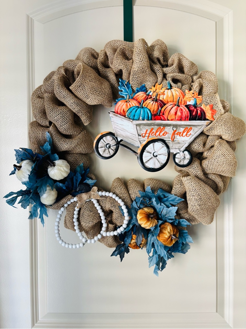 Handmade Burlap Fall Wreath with Pumpkin Wagon - Natural and Teal